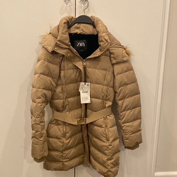 Zara water repellent faux hood puffer with belt SZ small nwt TAUPE/beige - Picture 1 of 9